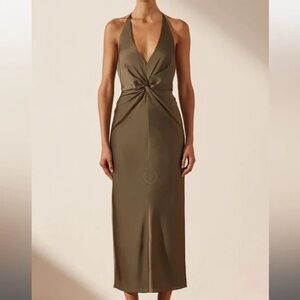 Shona Joy LUXE TWIST FRONT HALTER MIDI DRESS - PINE